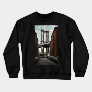 Famous view of the Manhattan Bridge from Washington Street in Dumbo, Brooklyn, New York City, USA Crewneck Sweatshirt